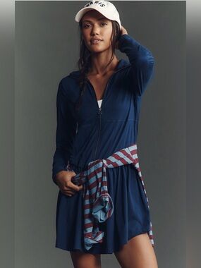 Anthropologie Taylor Long Sleeve Zip Front Mini Dress in Navy Ink